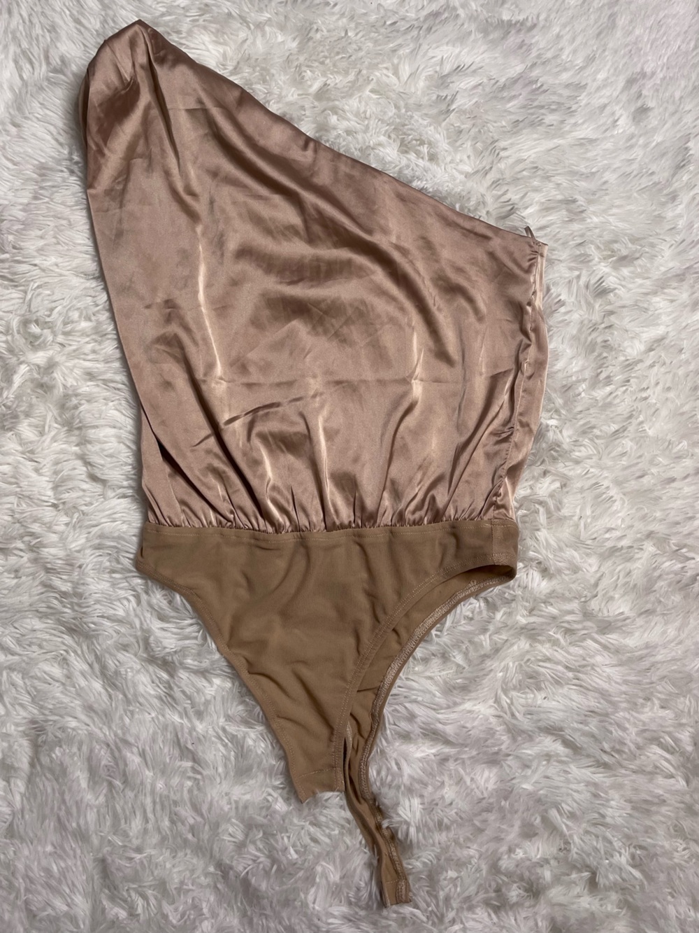 vestique One-Shoulder Satin Bodysuit in Taupe and Khaki